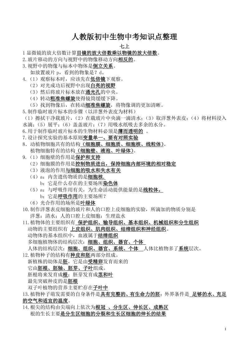 2021年人教版初中生物中考知识点整理