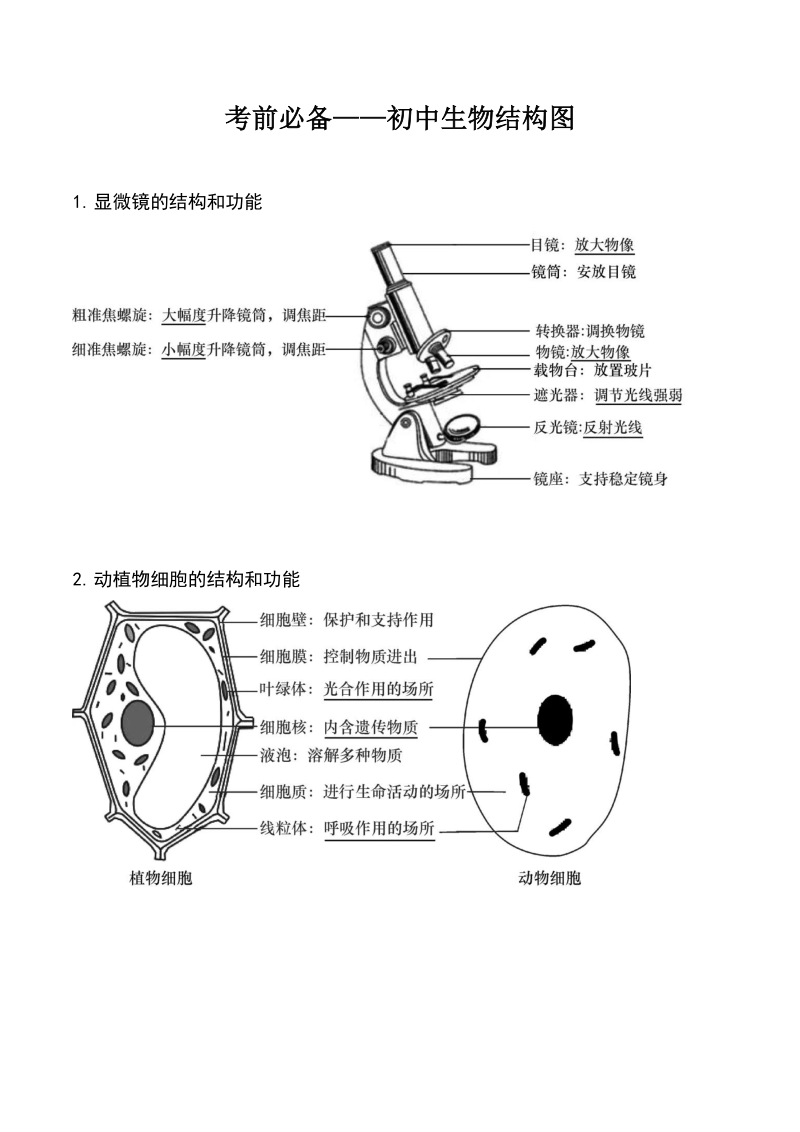 2021年中考生物结构图表汇总